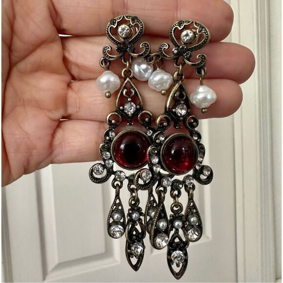 Red  faux pearl rhinestone long statement earrings - Picture 8 of 9